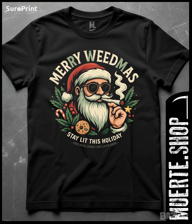 Черна тениска с щампа WEEDMAS XMAS, снимка 1