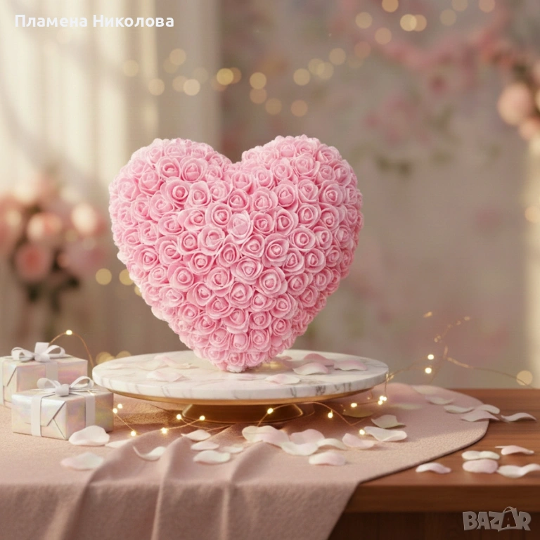 Декоративно сърце от изкуствени рози в подаръчна кутия, снимка 1