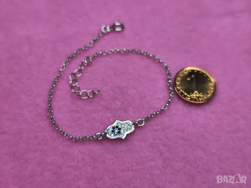 925 сребърна гривна с елемент Хамса с циркони, снимка 1