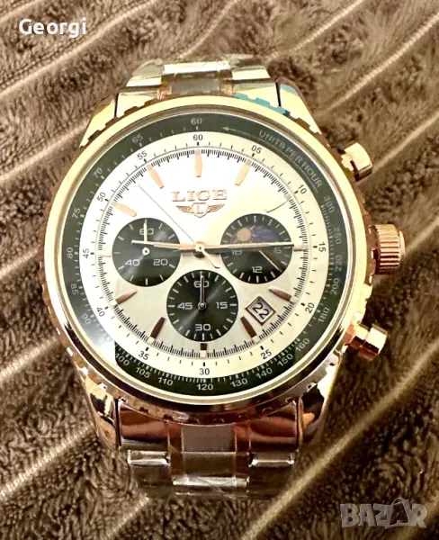 Мъжки класически, луксозен хронограф LIGE *Елегант* Аристократично златист металик !, снимка 1