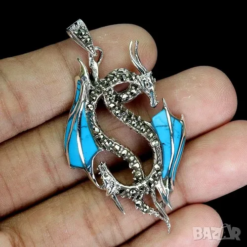 925 сребърно колие дракон с натурален тюркоаз подходящо за подарък, снимка 1