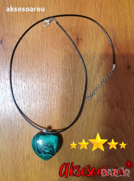 Красива модна минерална висулка с форма на сърце от зелен минерал малахит колие за мъже и жени бижут, снимка 1