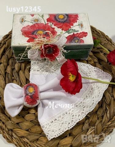 Дървена кутия с 6 пръстена за салфетки с макове и маргаритки !, снимка 2 - Декорация за дома - 53061712