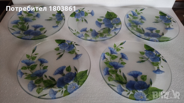 5 бр.уникални десертни чинии от матово стъкло с флорални мотиви