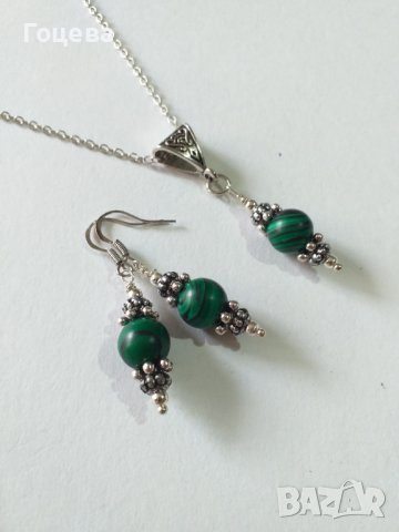 Прекрасен комплект бижута обици и колие с красиви камъни Малахит и орнаменти в цвят старо сребро , снимка 5 - Бижутерийни комплекти - 37310426
