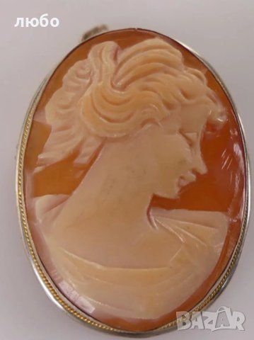 Сребърна Брошка Камея 0,800 Сребро Със Златен Обков 18 к, снимка 2 - Колиета, медальони, синджири - 42252155