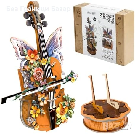 Нов 3D дървен пъзел виолончело музикална кутия с цветя Направи си сам модел