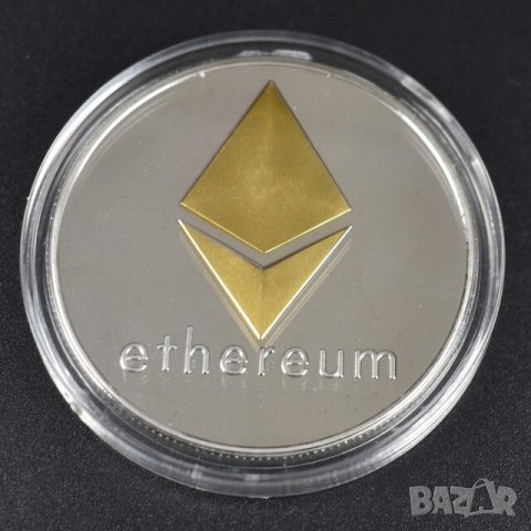 Позлатена/Посребрена crypto Ethereum монета в трофейна кутия (trophy case) [ETH]