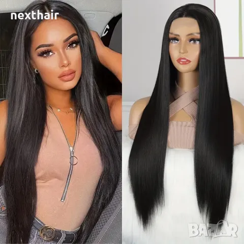 Черна синтетична 80 см права плътна перука с дантела 1X4 T-Part на път