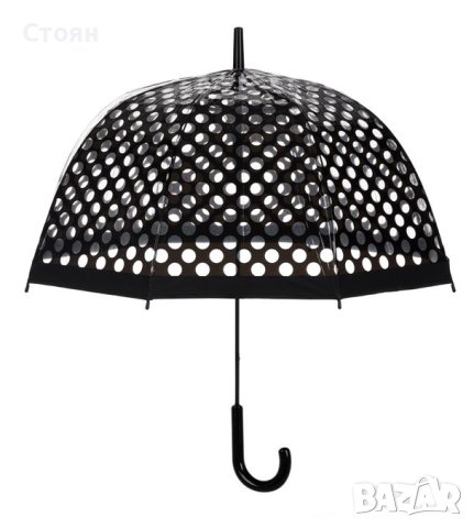 Чадър тип бастун автоматичен черен на прозрачни точки 80 см, снимка 2 - Други - 42877499