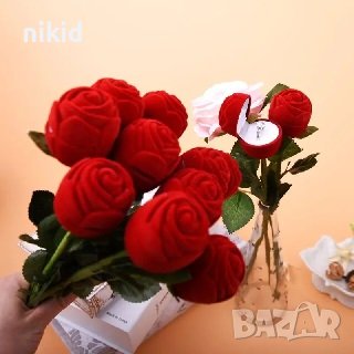 червена роза с дръжка кутия от кадифе плюш кутийка за пръстен бижу подарък, снимка 3 - Изкуствени цветя - 42743968