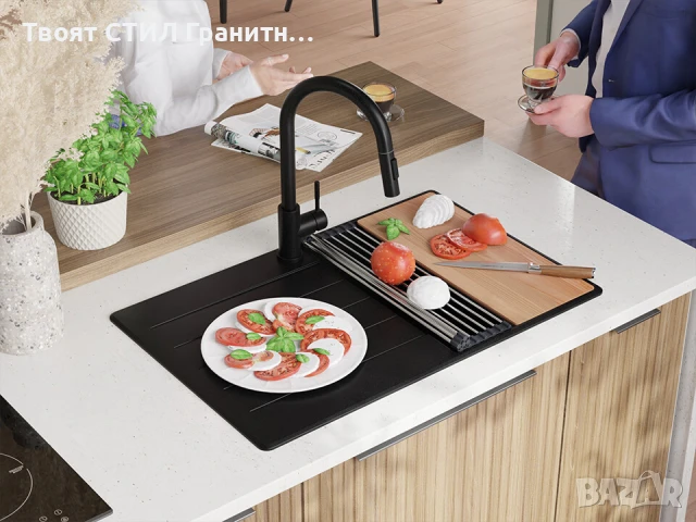Черна кухненска гранитна мивка Копенхаген 780х500 Top 45, снимка 2 - Мивки - 51139968