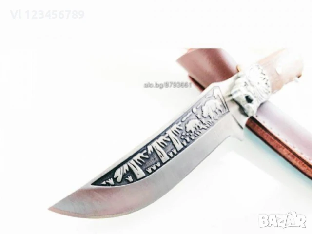 Богато двустранно гравиран ловен нож с лъв 130х255, снимка 4 - Ножове - 50591648