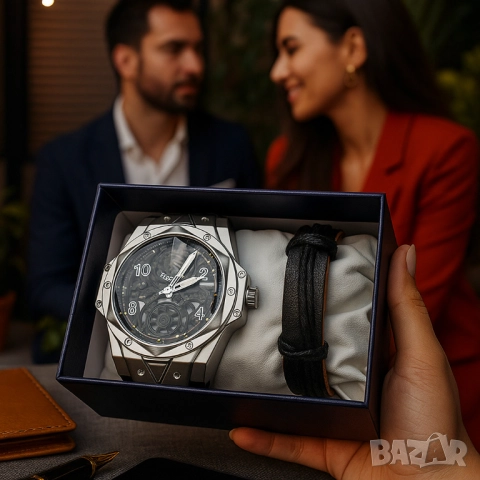 Мъжки подаръчен комплект – стилен часовник и черна гривна, снимка 2 - Други - 51947412