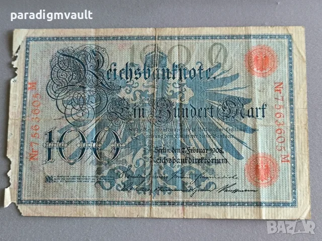 Райх банкнота - Германия - 100 марки (червен печат) | 1908г., снимка 2 - Нумизматика и бонистика - 55962601