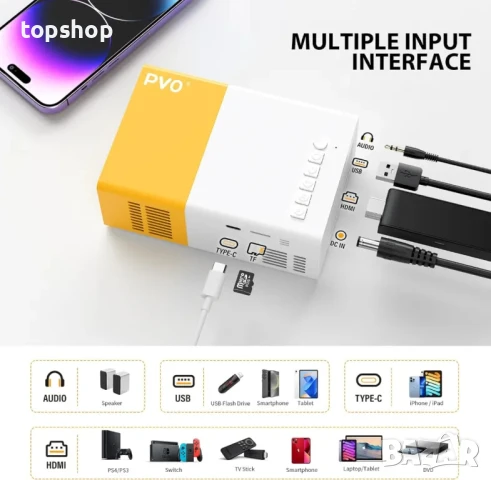 НОВ ТЕСТВАН мини проектор PVO, преносим видео проектор, може да се отразява директно от телефон..., снимка 4 - Плейъри, домашно кино, прожектори - 50511297