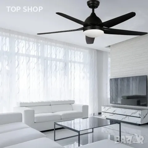 Таванен вентилатор FINXIN с лампа, дистанционно (132 см,черен,5 перки), снимка 4 - Лед осветление - 49636737