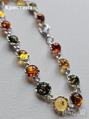 Красива сребърна гривна с Кехлибари, снимка 3 - Гривни - 53904722