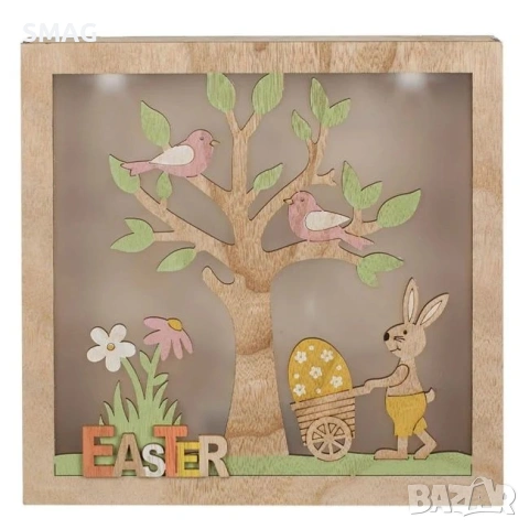 Великденска дървена рамка, с дизайн на дърво, зайче с яйце и светлина с 3 LED, 22x4x22cm_1224645