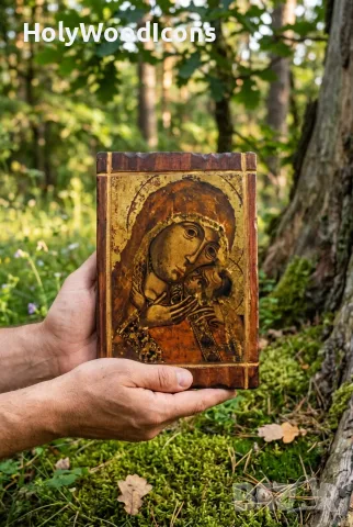 Дървена икона Света Богородица Елеуса (Умиление) – Ръчна изработка, снимка 7 - Икони - 56098572