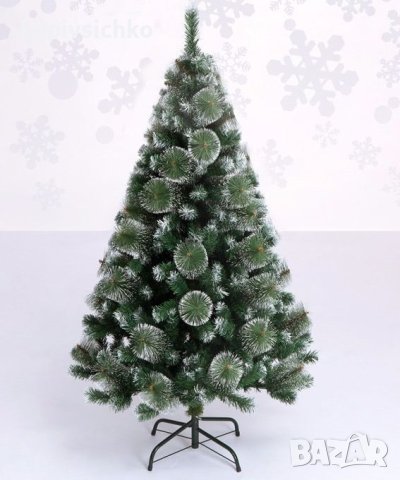 Изкуствена коледна елха с бели връхчета и шишарки, снимка 1 - Декорация за дома - 42784979