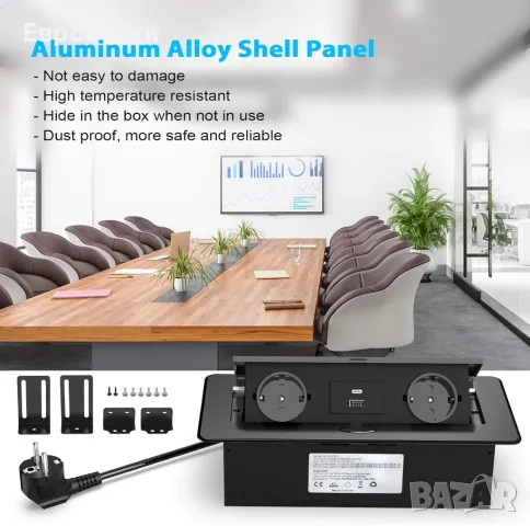 Прибиращ се настолен разклонител с 2 контакта, USB C PD 20W, алуминиев вграден контакт за плот, кухн, снимка 8 - Други - 49262620