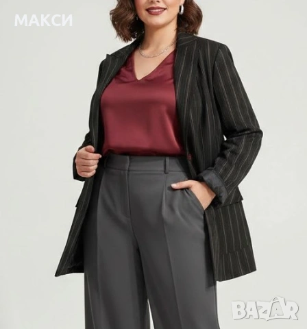 Макси елегантно еластично луксозно сако в райе с подплата, подплънки рамене, джобове, уголемено в бю, снимка 3 - Сака - 49235347