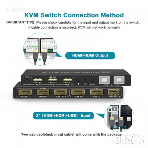 KVM превключвател двоен монитор 4K@60Hz, 2 HDMI порта KVM, превключвател на клавиатура и мишка 2 в 2, снимка 3 - Други - 37803466