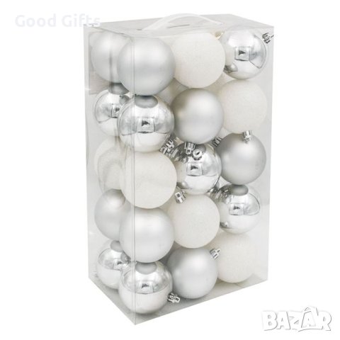 30 броя Комплект Бели и сребристи коледни топки, 7см