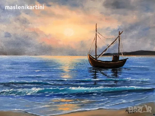 морски залез и лодка маслена картина , снимка 1