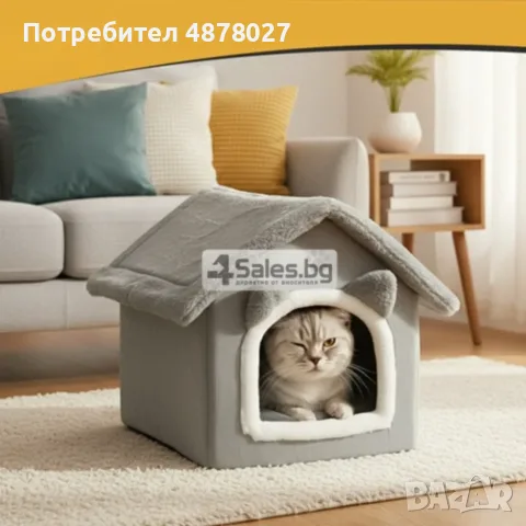 Мека къщичка за котки 2 в 1 с възглавница, 39 x 38 x 35 см, сива, снимка 3 - За котки - 56003369