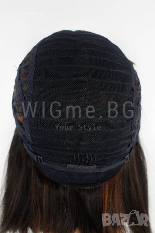 Тъмнокестенява перука от ЕСТЕСТВЕН косъм с медни кичури Селена, снимка 2 - Аксесоари за коса - 37879755