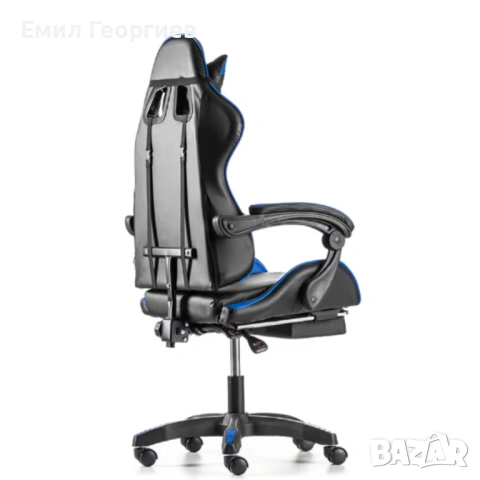 Геймърски стол с поставка за крака – черно-син, въртящ, с масажна функция и спортен дизайн, снимка 11 - Столове за офис - 53237305