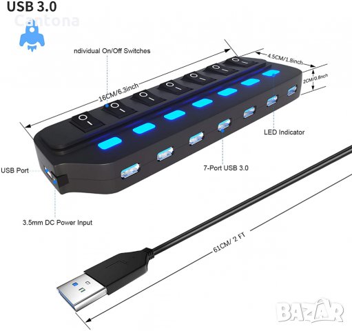 7 портов USB 3.0 Hub, Data Hub, LED, с индивидуални превключватели, снимка 2 - Други - 34895570