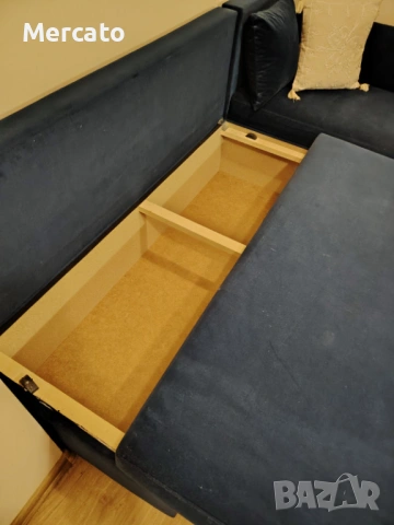 Син плюшен ъглов диван с функция сън, снимка 5 - Дивани и мека мебел - 54036865