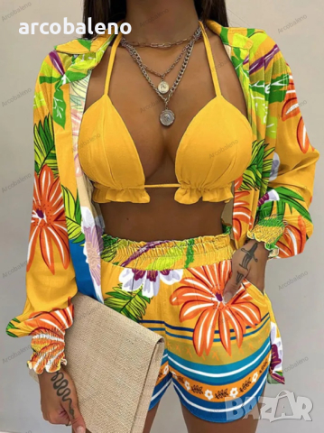 Секси щампована риза с дълги ръкави и шорти от три части, 6цвята , снимка 5 - Комплекти - 44575861