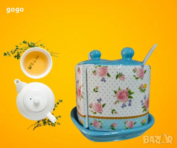 Порцеланова захарница с две лъжички и чинийки 