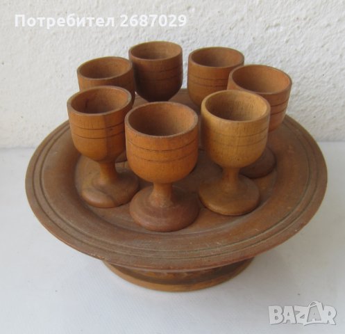 дървен съд и стар сервиз  с 7 чаши и кръгъл поднос, листо, копанка, снимка 3 - Други - 30304769