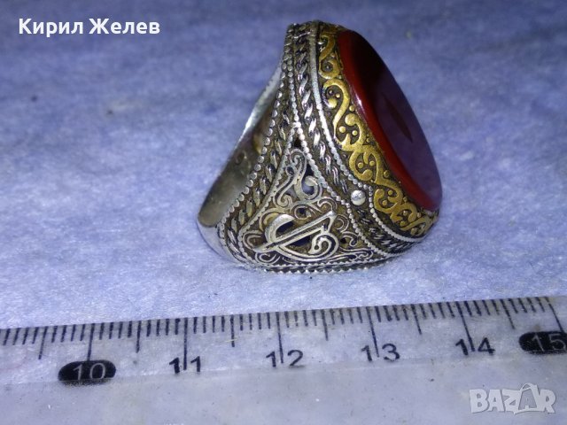 ОГРОМЕН СТАР ТУРСКИ СРЕБЪРЕН СКЪПОЦЕНЕН РЕТРО ПРЪСТЕН СРЕБРО 925 с ПОЛИРАН КАРНЕОЛ в ПОЗЛАТА 30747, снимка 14 - Антикварни и старинни предмети - 40575365