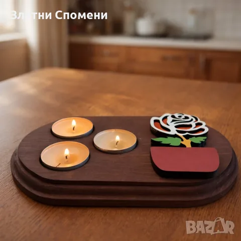 Дървен свещник с роза - романтичен подарък за жена