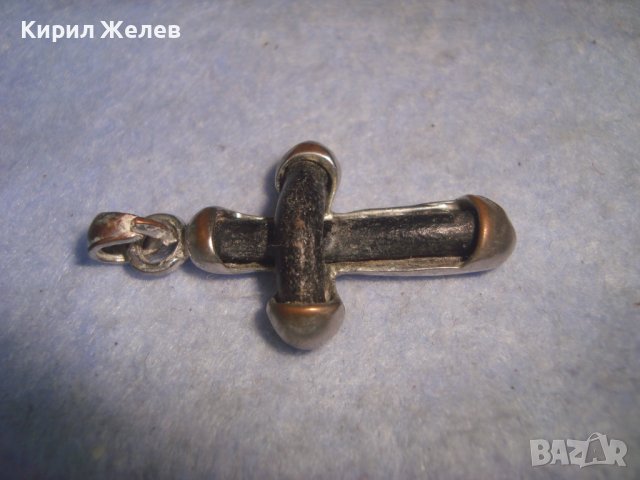 СТАРО МЕДНО СРЕБРИСТО АРТ КРЪСТЧЕ МЕДАЛЬОН с АПЛИКАЦИЯ от КОЖА 21322, снимка 7 - Колиета, медальони, синджири - 36903470