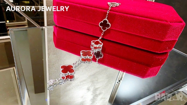Van Cleef & Arpels VCA 5 Motifs Silver Red Carnelian Vintage Alhambra Дамска Гривна, снимка 4 - Гривни - 54309528
