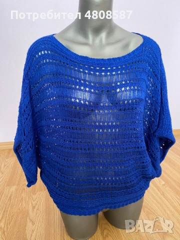 Дамска синя плетена блуза, снимка 3 - Блузи с дълъг ръкав и пуловери - 54358946