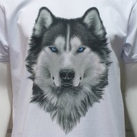 Нова мъжка бяла тениска с дигитален печат Хъски със сини очи, снимка 3 - Тениски - 29888424