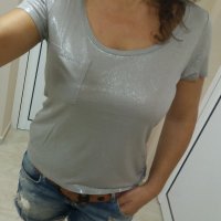 Супертъничка сиво-сребриста блуза с джобче, снимка 2 - Тениски - 40258115