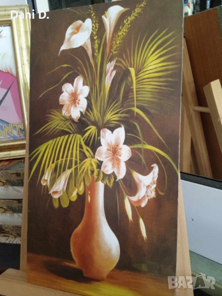 картина с цветя върху дървена плоскост, снимка 1