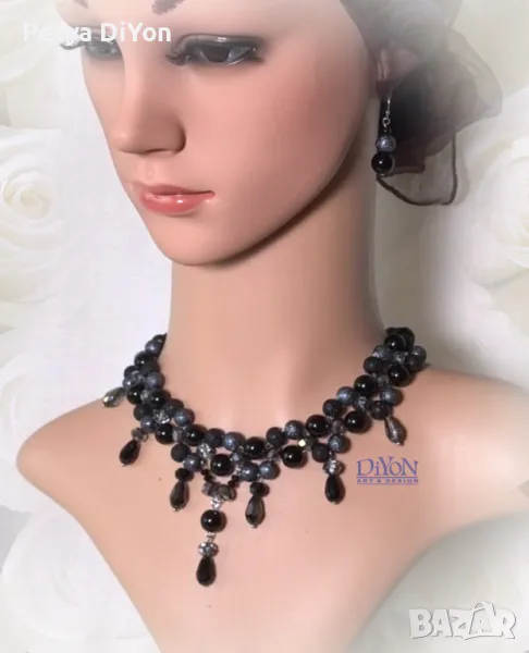 Луксозно черно колие от кристали и перли с обеци, снимка 1