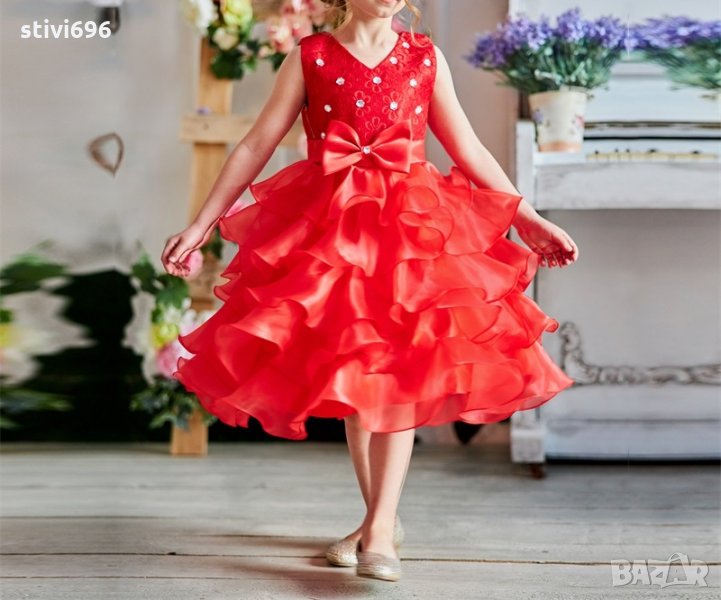 Детска рокля кристали червена ново. 7-8 години, снимка 1