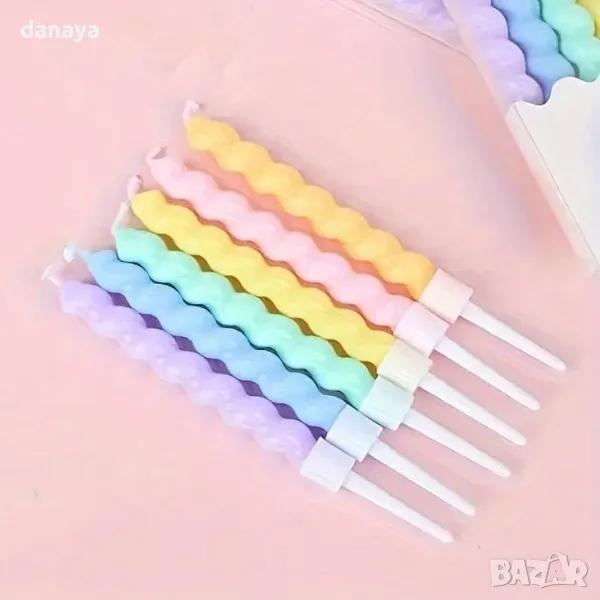 5365 Комплект цветни спираловидни свещи за торта, 6 броя, снимка 1
