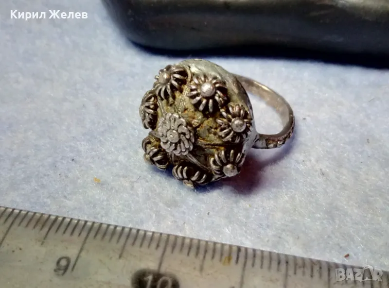Старинен ВЪЗРОЖДЕНСКИ ФИЛИГРАНЕН СРЕБЪРЕН ПРЪСТЕН СРЕБРО ВИСОКА ПРОБА РЪЧНА КУЮМДЖИЙСКА РАБОТА 47507, снимка 1